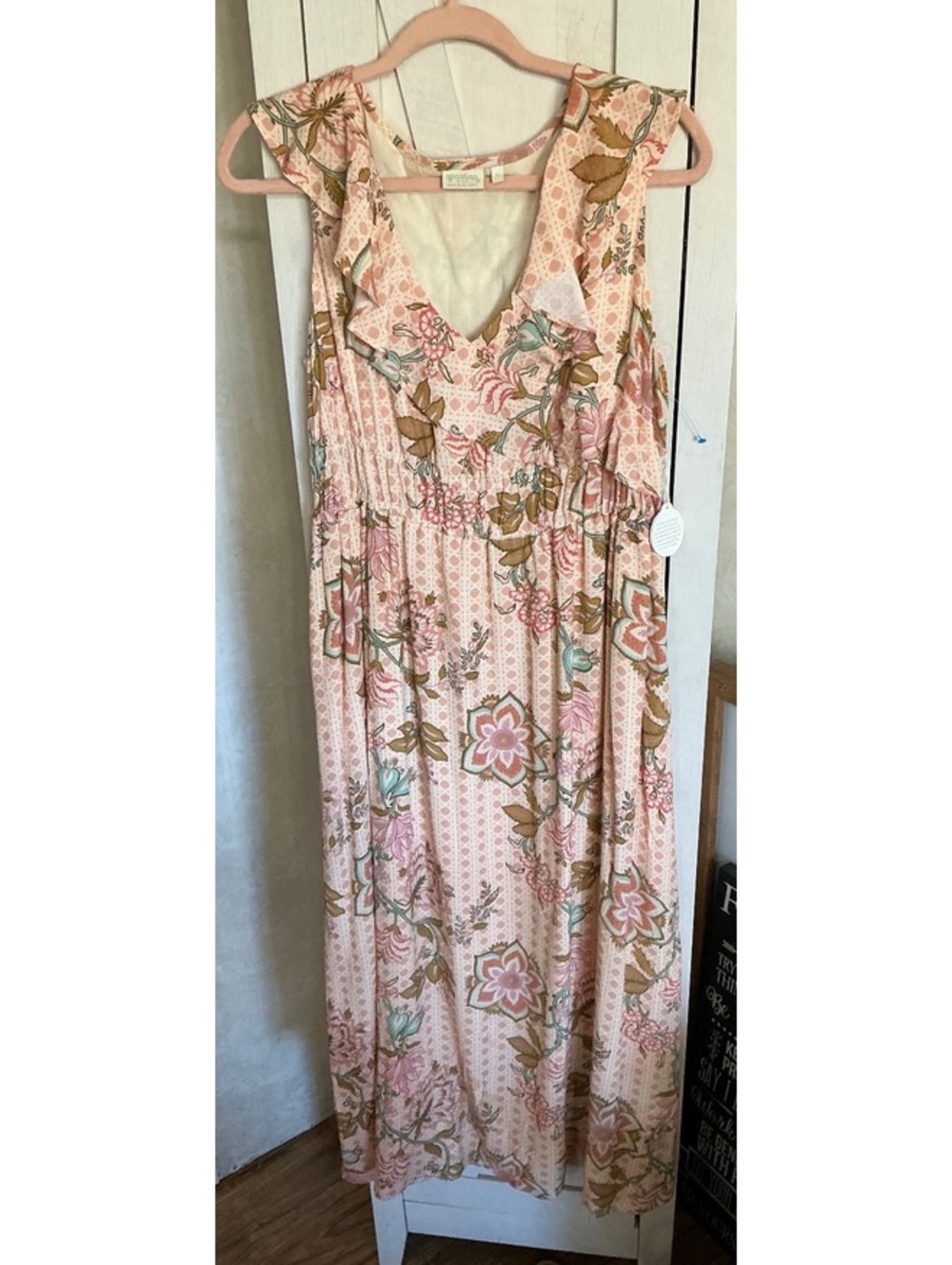 Spartina 449 Women’s L Floral Maxi Dress Pink Ruffle V Neck Boho Coastal